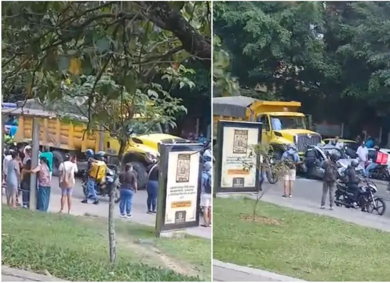 Según reportaron preliminarmente, la volqueta habría quedado aproximadamente a 400 metros del Éxito de Robledo en toda la avenida 80. FOTO: Captura video cortesía