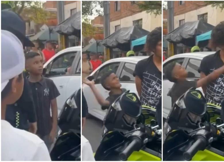 Secuencia de cómo el menor de aparentemente 12 años le pegó una cachetada al ladrón de su bicicleta en Cúcuta. FOTO: Captura video de redes sociales @cucutaonline
