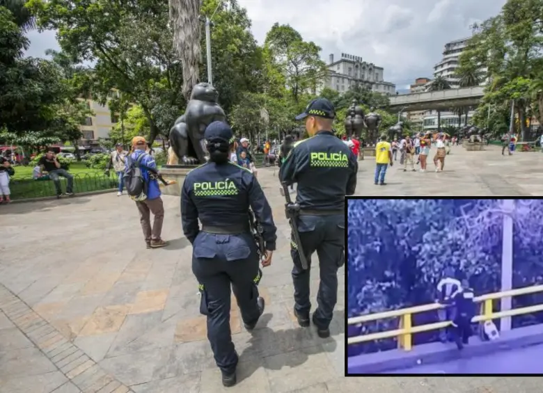 Adelante, momentos del rescate realizado por policías de Medellín. Atrás, un cudrante patrullando el Parque de Botero. Foto: Esneyder Gutiérrez
