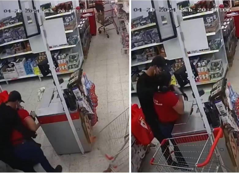 Durante el violento robo que se presentó en una de las tiendas D1 en Tolima, la cajera resultó herida. FOTO: CAPTURA DE VIDEO