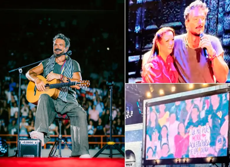 Ricardo Arjona se presentó en Medellín el pasado 24 de julio. Al lado Milena con él en escenario y desde la tribuna Sur donde Arjona vio su letrero con luces. FOTOS Cortesía Páramo Presenta y capturas de pantalla. 