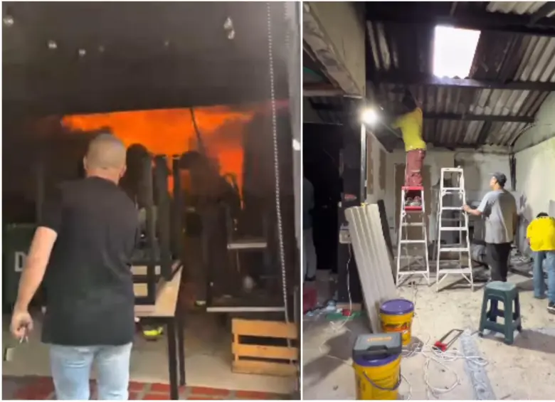 Imágenes del incendio en el local de comida ubicado en Envigado y luego mientras intentan reconstruirlo. FOTO: Captura video redes sociales