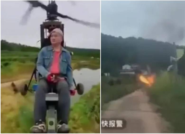 El influencer chino Tang Feiji, de 55 años, perdió la vida mientras transmitía en vivo uno de sus vuelos recreativos en su “helicóptero” ultraligero. FOTO: Captura tomada de video redes sociales @SoyTendencias