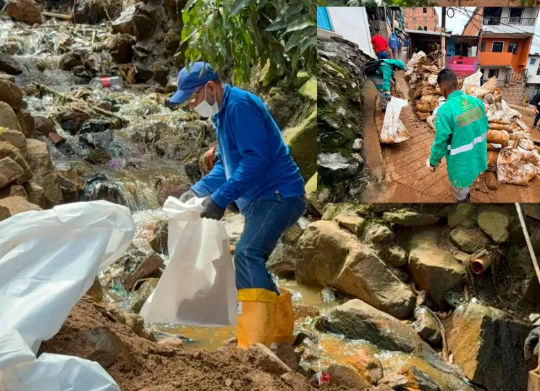 Costales con materiales, escombros y baldosas es lo que más encontraron en la limpieza realizada en dos quebradas de Manrique. FOTO CORTESÍA