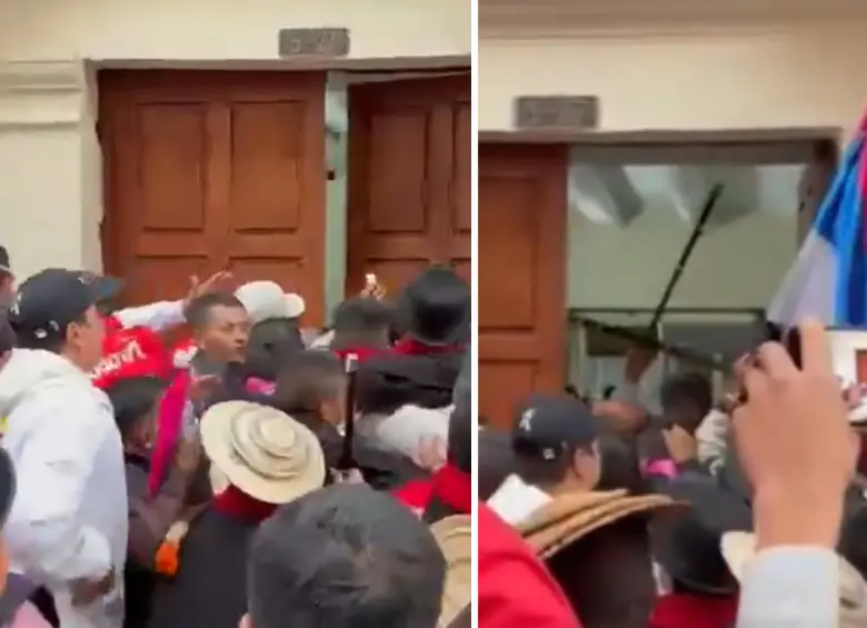 Integrantes de la Minga intentaron entrar a la fuerza a la sede de la Cancillería en Bogotá. Foto: Captura de video/Redes Sociales