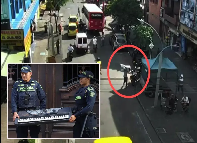 Adelante, el instrumento musical recuperado por las autoridades. Atrás, el seguimiento por cámaras al ladrón. FOTO: Cortesía.