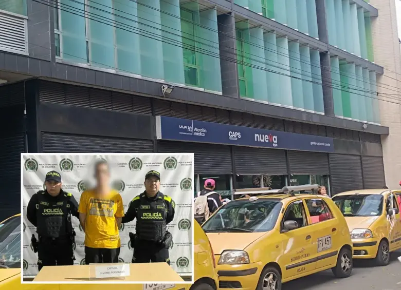 Adelante, el agresor detenido. Atrás, en este punto del barrio Guayabal se dio el ataque contra el médico. FOTO: Cortesía