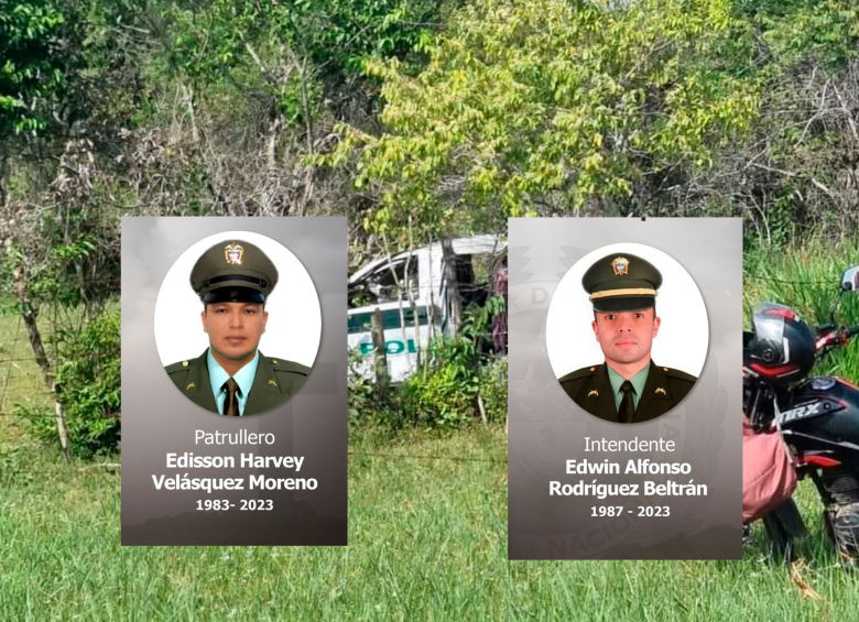 Edwin Alfonso Rodríguez Beltrán y Edisson Mauricio Velázquez Moreno son los uniformados muertos. FOTOS COTRESÍA 