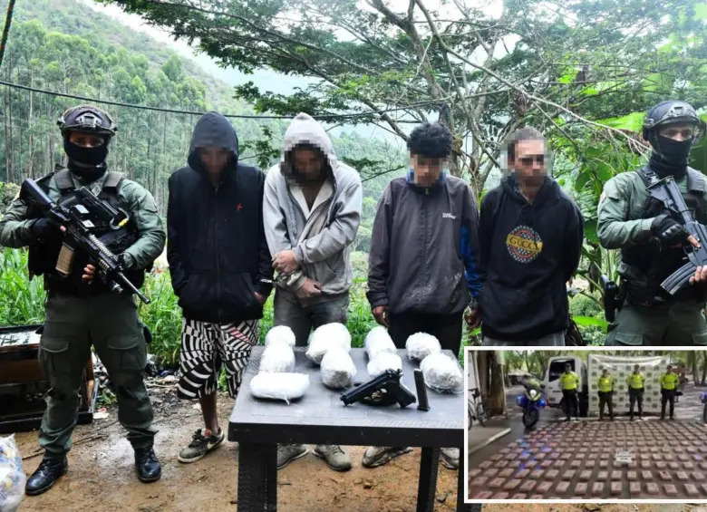 Adelante, la incautación de droga hecha en el Suroeste, atrás, los detenidos en el laboratorio hallado en Barbosa. FOTO: Cortesía
