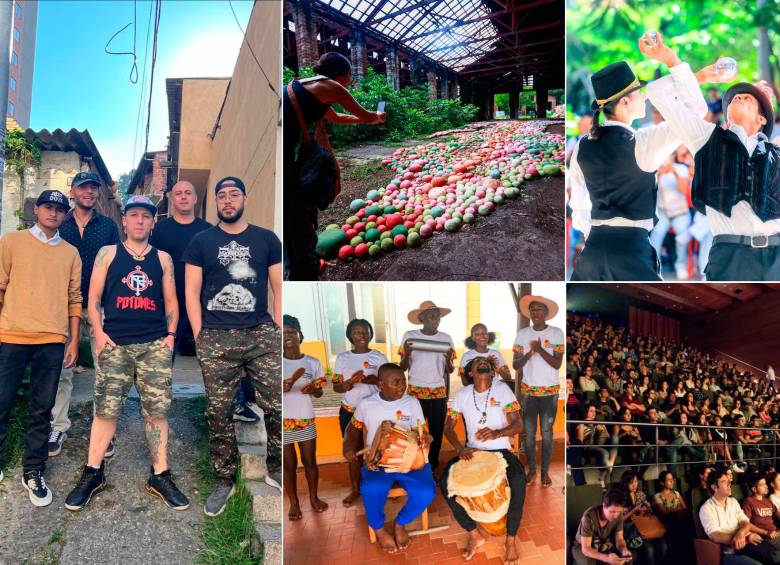 Rock en San Carlos con el grupo Fotones, a la izquierda. A la derecha imágenes de la Bienal de Arte, del Festival Fantasmagoría, de Bullerengue en Urabá y de los Días de playa en el centro de Medellín. FOTOS Cortesía, Manuel Saldarriaga, Juan Pablo Estrada y Archivo El Colombiano - Esneyder Gutiérrez