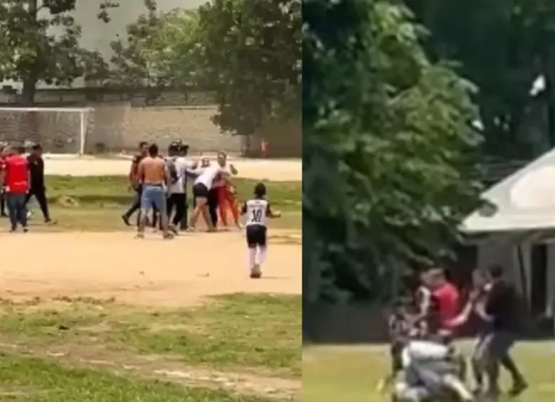 Mientras los niños menores de 10 años trataban de seguir el juego con normalidad, los padres de familia se estaban agrediendo en las gradas. Foto: Captura de video redes sociales