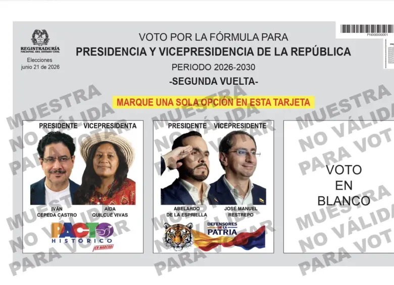 Así se ve el tarjetón para la segunda vuelta. Foto: Registraduría.