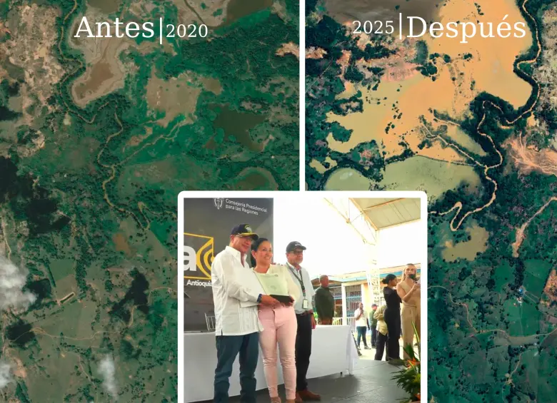 Antes y después del predio beneficiado por un título minero entregado por el presidente Gustavo Petro en 2024. FOTOS: Cortesía Google Earth y Presidencia