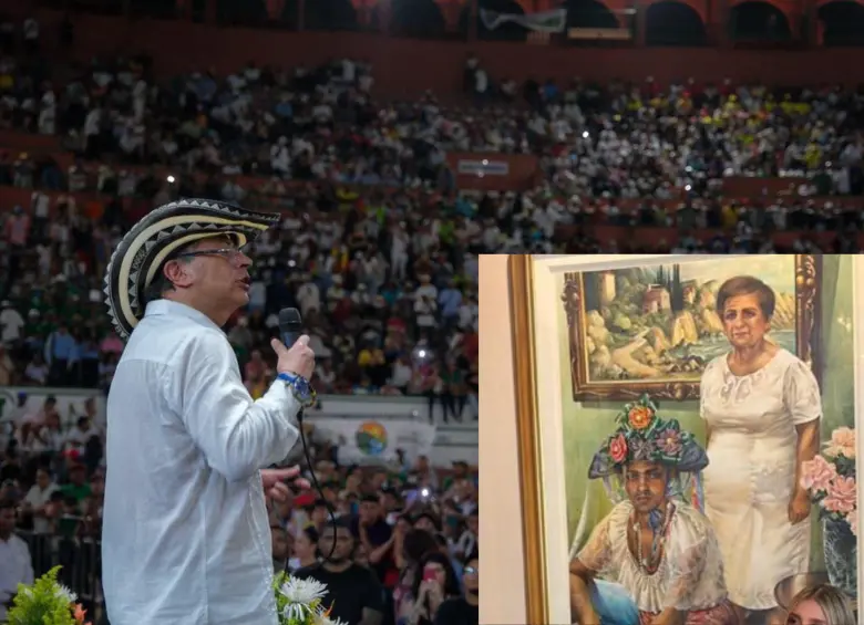 El presidente Gustavo Petro, en la plaza de toros de Cartagena, se refirió al cuadro de Abelardo de la Espriella. Foto: Presidencia y redes sociales.