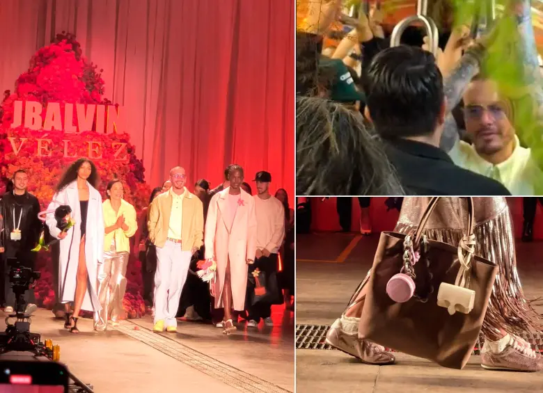J Balvin en la pasarela con las modelos Nazarit Machín (a la izquierda) y Valentina Castro (a la derecha). Al lado su regreso en el metro y abajo los accesorios que se presentaron en esta colección. FOTOS Claudia Arango H y captura de pantalla. 