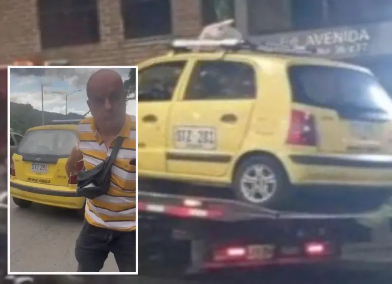 Adelante, imágenes del taxista amenazando a otra conductora. Atrás, el automotor inmovilizado en Envigado.
