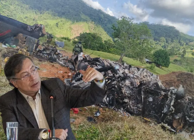 El presidente Gustavo Petro habló sobre nuevas hipótesis de cómo fue derribado el helicóptero en Amalfi, Antioquia. Foto: composición El Colombiano - cortesía Gobernación de Antioquia