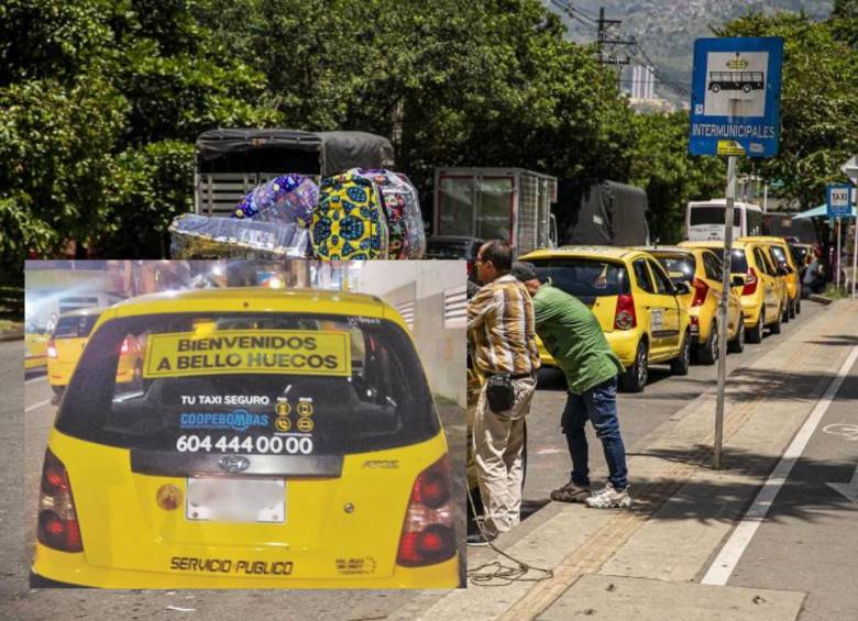 Adelante, uno de los taxis con su respectivo mensaje. Atrás, un acopio de taxis en Bello. Foto: EL COLOMBIANO