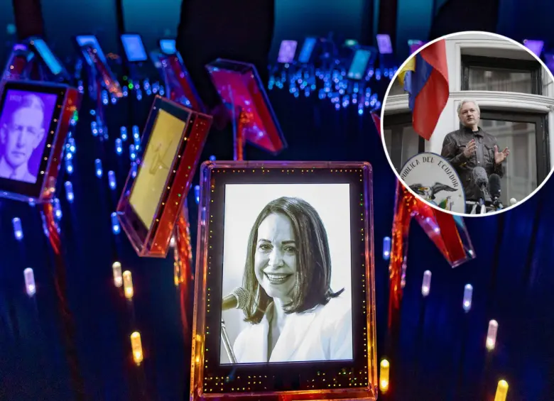 Julian Assange demandó el Nobel entregado a María Corina Machado, sin embargo, esta fue desestimada por la justicia de Suecia. Fotos: AFP y Getty Images