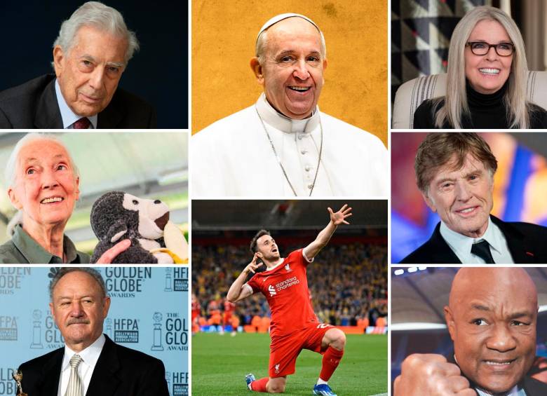 Mario Vargas Llosa, el Papa Francisco, Diane Keaton, Jane Goodall, Diogo Jota, Robert Redford, Gene Hackman y George Foreman, son algunas de las celebridades que fallecieron este 2025. FOTOS Getty, EL COLOMBIANO y Colprensa.