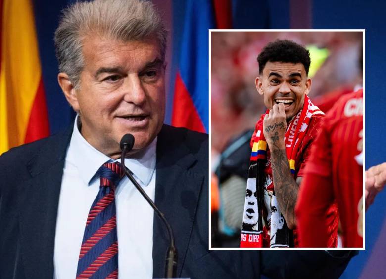El presidente del Barcelona, Joan Laporta, y el futbolista colombiano Luis Díaz. FOTOS: Tomadas de X @FCBarcelona y @LFC