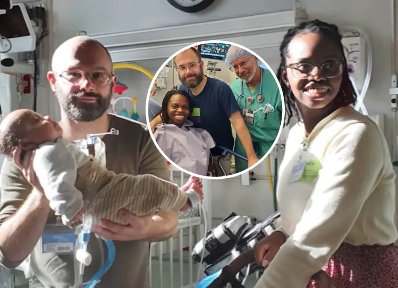 Los padres de Cassian, Keishera y Greg Joubert, junto al médico que lideró el procedimiento, el Dr. Emanuel Vlastos. Foto: Orlando Health Winnie Palmer Hospita