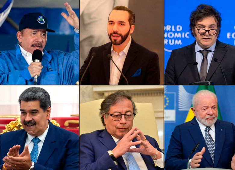 De izq. a der. Daniel Ortega, presidente de Nicaragua, Nayib Bukele, presidente de El Salvador, Javier Milei, presidente de Argentina, Nicolás Maduro, presidente de Venezuela, Gustavo Petro, presidente de Colombia y Lula Da Silva, presidente de Brasil. Fotos Getty y AFP.