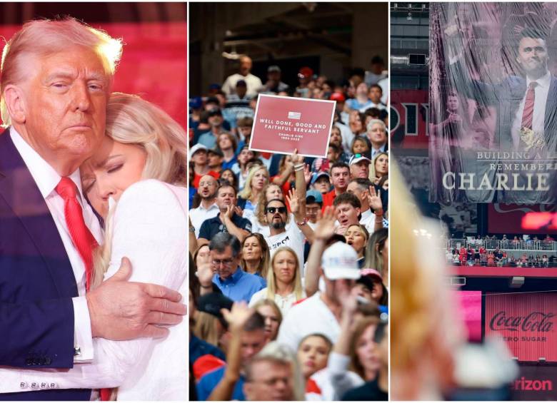 Uno de los momentos que dejó el evento de despedida del activista fue el abrazo entre la viuda de Charlie Kirk, Erika Kirk, y el presidente Donald Trump. FOTOS: Tomadas de Instagram @turningpointusa 