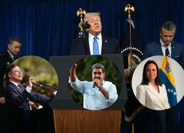 Durante la rueda de prensa tras la captura de Maduro, Donald Trump habló de Gustavo Petro y María Corina Machado. FOTO AFP.
