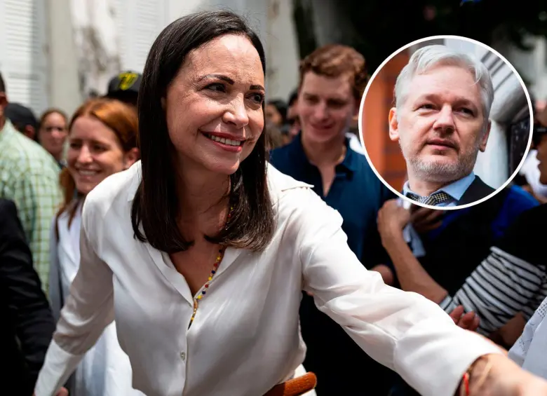 Julian Assange, fundador de Wikileaks, considera que la elección de María Corina Machado como Nobel de Paz vulnera el testamento de Alfred Nobel de 1895. FOTOS: Colprensa/Europa Press y AFP