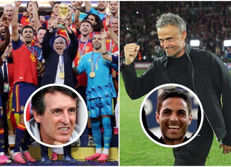 Estos son los cuatro entrenadores de España. FOTO: Getty y tomada de redes sociales de Arsenal, PSG, Aston Villa y España