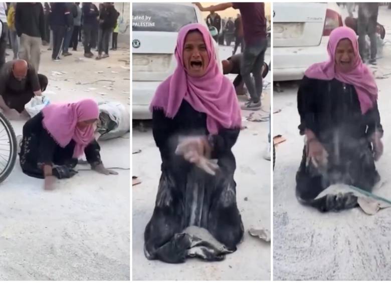Secuencia de como esta madre intenta recoger lo poco limpio de la harina entre la tierra para tener con que alimentar a sus hijos en Gaza. FOTOS: Captura de video redes sociales @DaniMayakovski