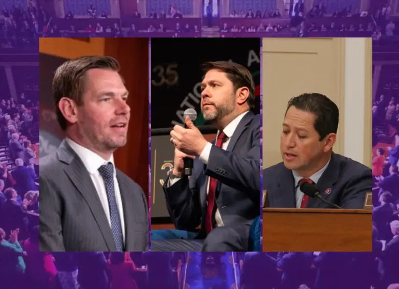 De izquierda a derecha: El demócrata Eric Swalwell, el colombiano Rubén Gallego y el republicano Tony Gonzales. FOTOS: REDES SOCIALES Y AFP.