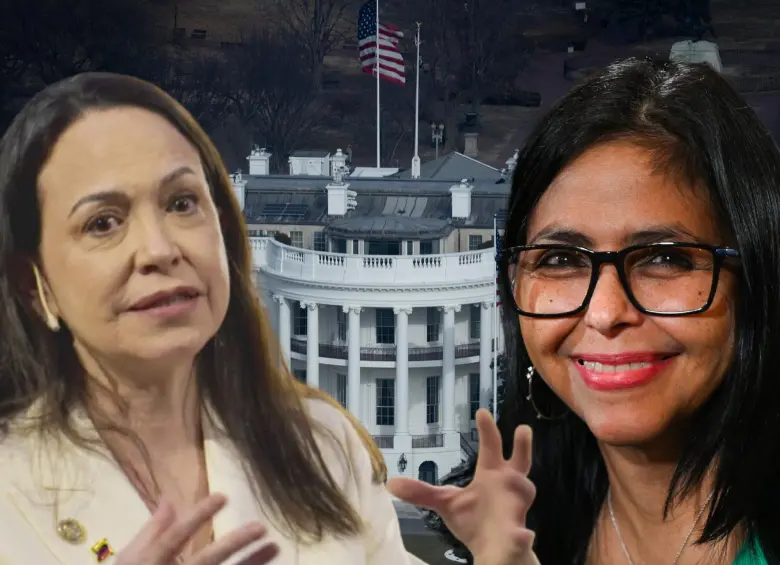 A la izquierda, la líder opositora María Corina Machado; a la derecha, Delcy Rodríguez, recién juramentada como presidenta interina de Venezuela. Foto: AFP. 