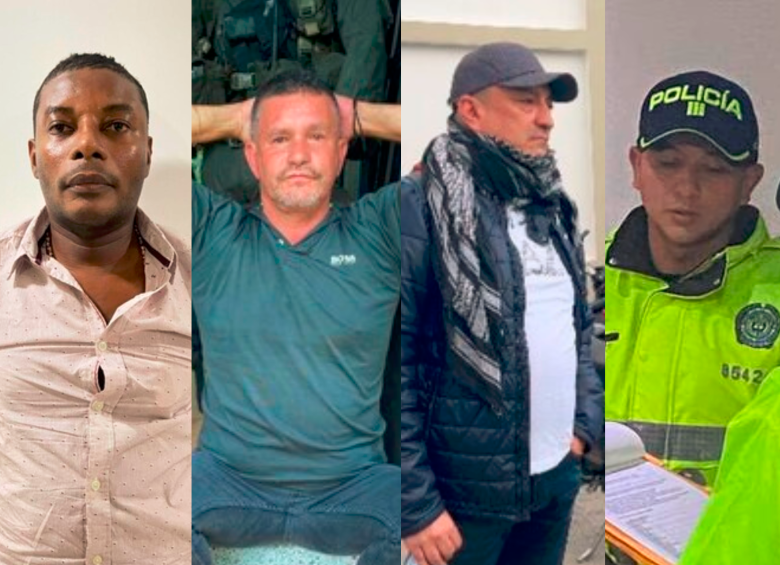 Alias Matamba (izq), John Fredy Gallo, alias Pájaro, Édgar Elicio Munévar, ‘El Caballista’ y el capitán de la Policía Luis Eduardo Duque (der). FOTO: Colprensa