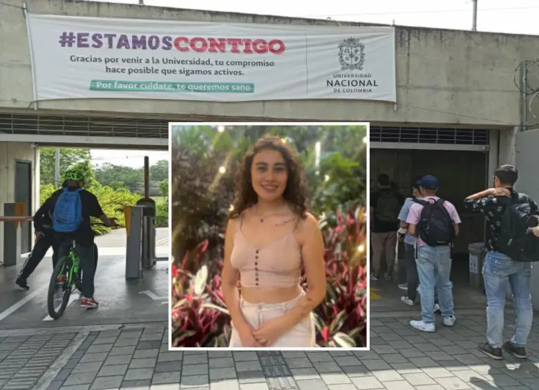 Adelante, la joven estudiante procedente del Cauca. Atrás, ingreso de la Universidad Nacional sede Medellín. Foto: Mauricio López Rueda