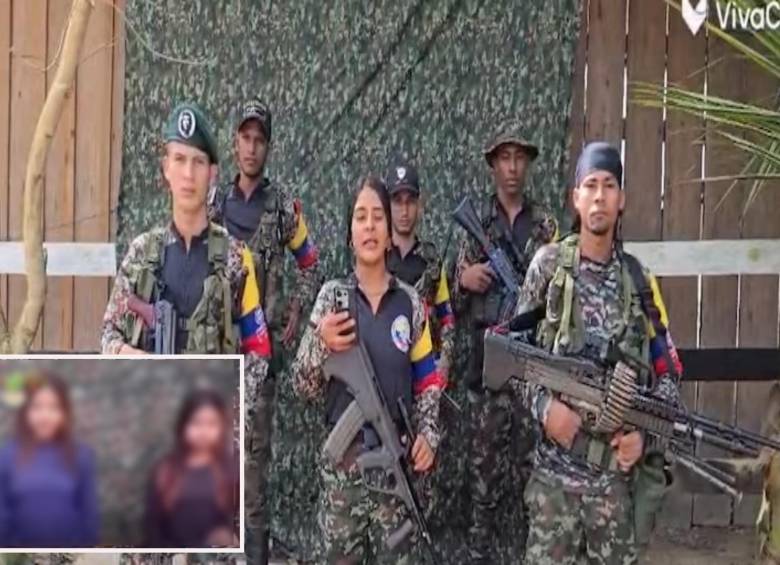 Adelante, las jóvenes retenidas por las Disidencias. Atrás, extracto del video donde confirmaban el secuestro de las niñas. FOTO: imagen tomada de redes sociales.