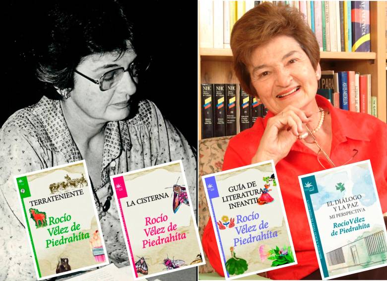 Rocío Vélez de Piedrahíta en dos momentos de su vida y con algunos de sus libros publicados por la Editorial Eafit. FOTOS Archivo EL COLOMBIANO y cortesía