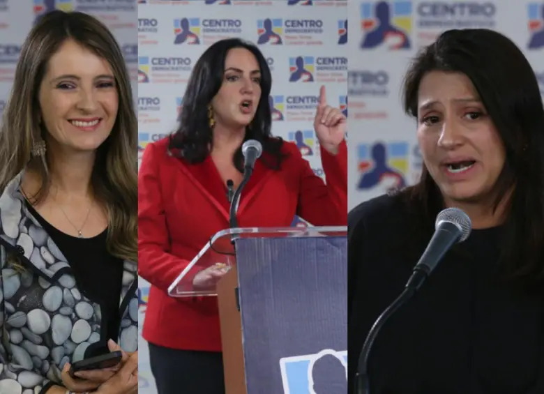 Paloma Valencia, María Fernanda Cabal y Paola Holguín son las tres congresistas que junto a Andrés Guerra y Miguel Uribe Londoño buscan el aval del Centro Democrático para aspirar a la Presidencia en el 2026. Fotos: Colprensa