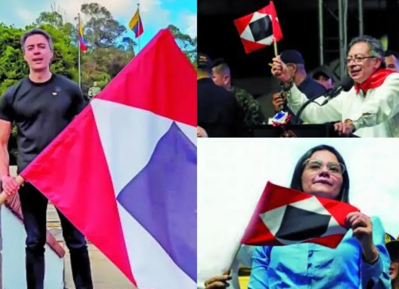 El presidente Gustavo Petro presentó por primera vez en plaza pública la bandera de guerra a muerte el pasado primero de mayo; se han pegado de ella Angie Rodrígez y Daniel Quintero. FOTO Presidencia y captura de video