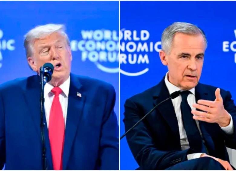 El presidente Donald Trump y el primer ministro de Canadá, Mark Carney, en sus intervenciones en el Foro Económico Mundial en Davos, Suiza. FOTOS: Xinhua y Getty 