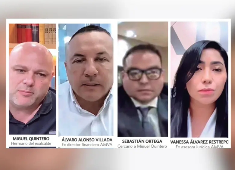 Miguel Quintero, hermano del exalcalde Daniel Quintero; Álvaro Alonso Villada García, exdirector financiero del Área Metropolitana del Valle de Aburrá (AMVA); Sebastián Ortega, hijo de un influyente político de Bello; y Vanessa Álvarez Restrepo, exasesora jurídica del AMVA y exsecretaria de Medio Ambiente de Medellín, fueron los convocados a la audiencia de imputación de cargos.