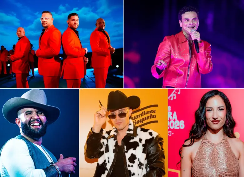 El Grupo Niche, Silvestre Dangond, Carín León, Luis Alfonso y Aria Vega, hacen parte de la nómina del Súper Concierto Feria de las Flores 2026. FOTOS Cortesía, Colprensa y Archivo