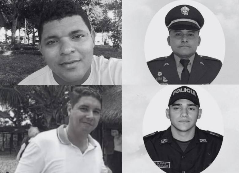 A la derecha, Esneider Zambrano y Rafael Julián Rodríguez Quiroz, líderes comunales asesinados en Santander. A la izquierda, César Augusto Rodríguez Nieves y Bryan Estiven Lizarazo Torres, policías asesinados en la vía entre Ábrego y Cúcuta. Foto: tomada de redes sociales y cortesía