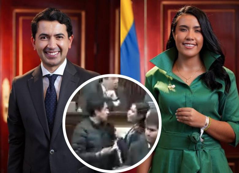 La representante por Antioquia Verónica Estrada pidió disculpas por agarrar de la chaqueta a Daniel Briceño, del Centro Democrático. Fotos: Congreso y X