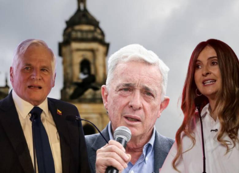 De izquierda a derecha: Miguel Uribe Londoño, el expresidente Álvaro Uribe y la candidata presidencial del Centro Democrático, Paloma Valencia. Foto: Colprensa.