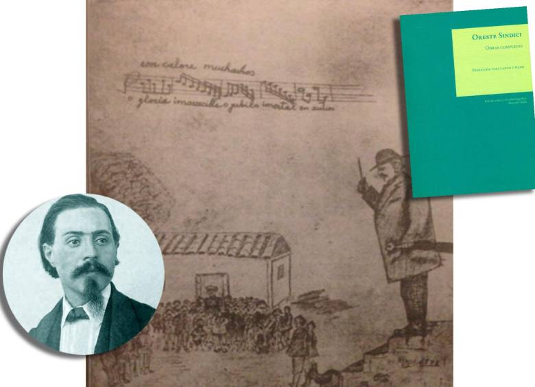 Esta es una caricatura de Oreste Sindici enseñando el Himno Nacional, dibujada por un estudiante anónimo de las escuelas públicas de Bogotá en 1898. FOTO cortesía revista El Gráfico (1934), de la colección personal (hoy desaparecida) de Emilia Sindici