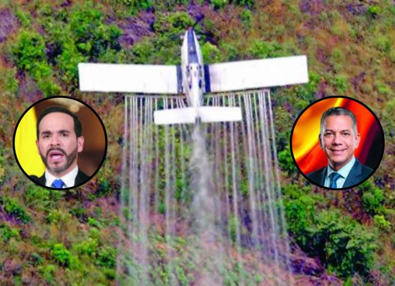 La fumigación aérea es una medida polémica, ya que puede afectar a otro tipo de cultivos con los que los campesinos subsisten, más allá de los ilícitos. En los círculos, el presidente Abelardo de la Espriella y el ministro de Defensa Jorge Mora. FOTO: AFP.