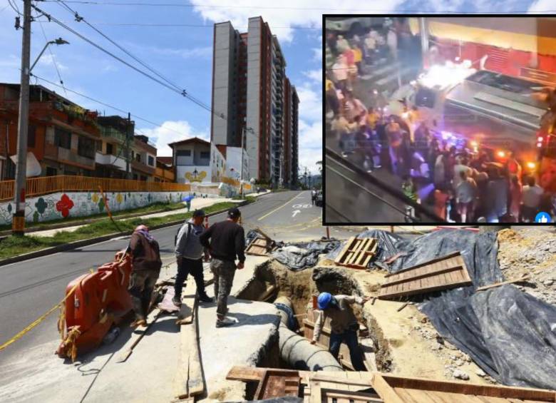 Adelante, filas de usuarios buscando un poco de agua en los carrotanques enviados por EPM a Itagüí. Atrás, las obras en el corredor de La Ferrería. Foto: Manuel Saldarriaga Quintero.