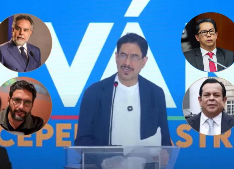 Iván Cepeda, excandidato presidencial. En la foto, arriba a la izquierda: Armando Benedetti, ministro del Interior; abajo, Agmeth Escaf, congresista. Arriba a la derecha: Pedro Flórez, senador; abajo, Euclides Torres, contratista. Fotos: Colprensa, captura de video y redes sociales. 
